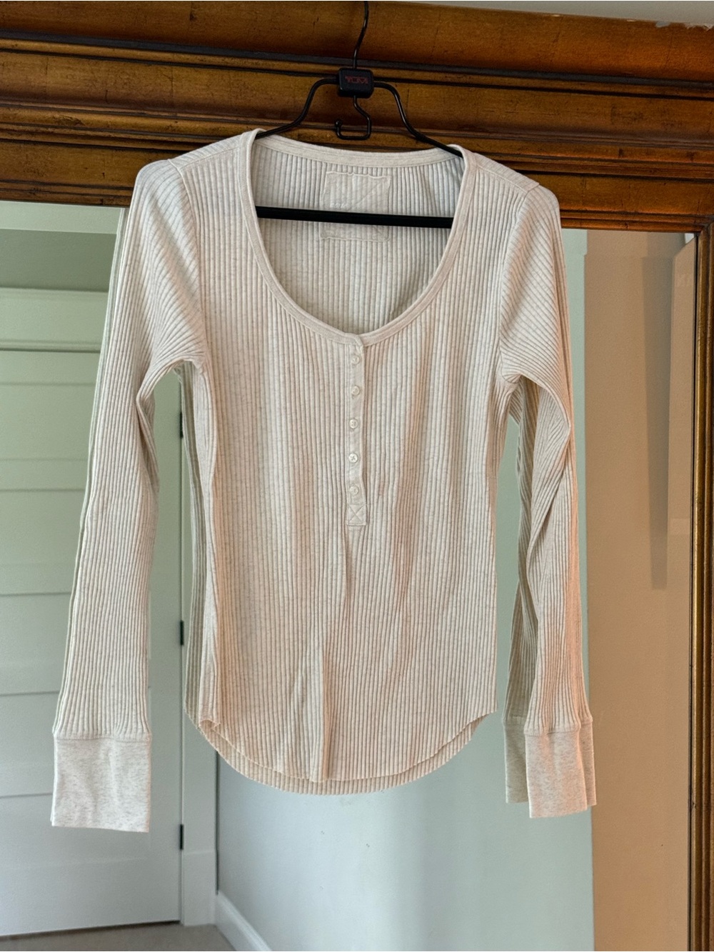 aerie Cream Ribbed Henley Short Sleeve Top